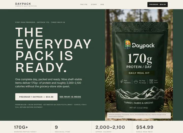 Daypack 170 preorder page with bold green typography and product packaging.