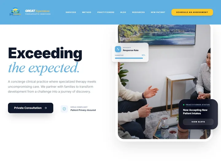 Great Expectations therapy website with editorial typography and a clinical practice introduction.