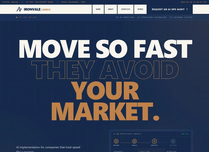 Ironvale Works agency homepage with a dark operations console and orange typography.