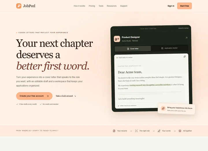 JobPeel homepage with a cover-letter preview and application tracker.