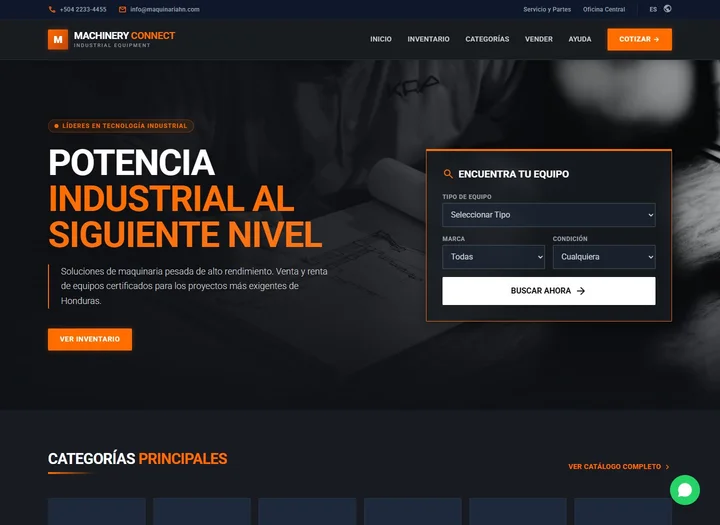 Machinery Connect homepage showing an industrial equipment hero and inventory search.