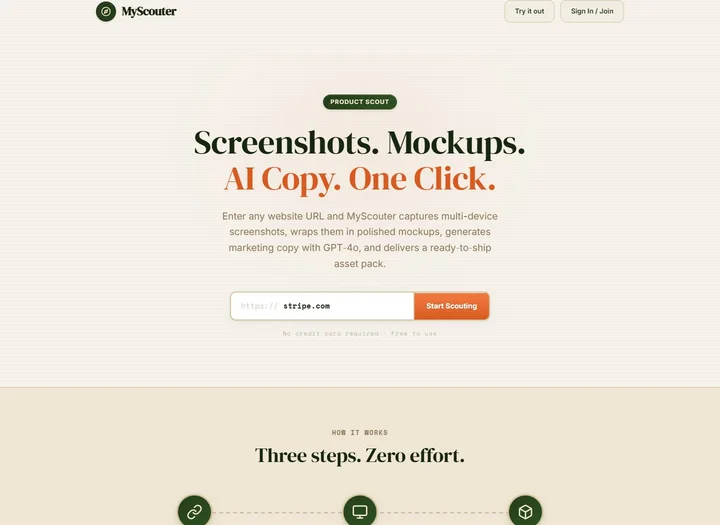 MyScouter homepage with its URL input and screenshot-to-marketing-assets workflow.