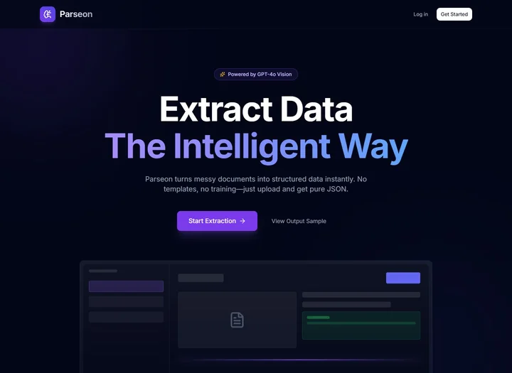 Parseon document-extraction homepage with a dark interface and violet accents.