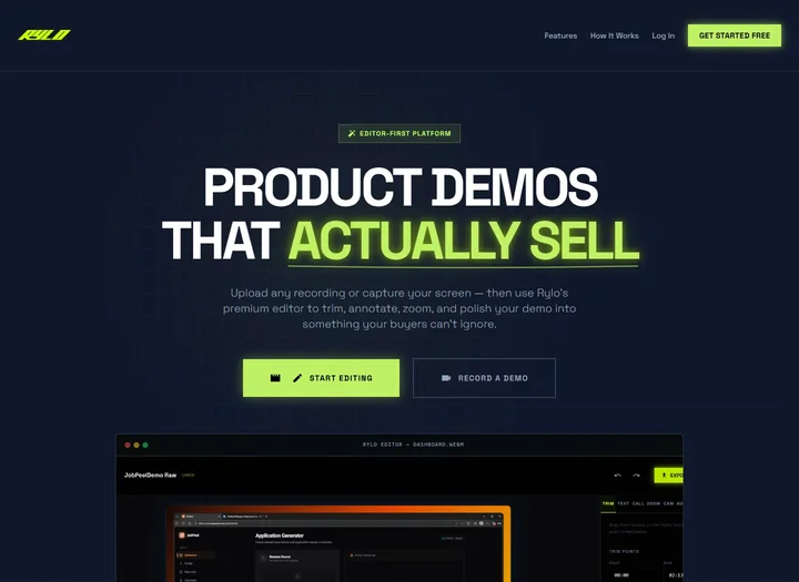 Rylo landing page with a bold product-demo headline and video editor preview.