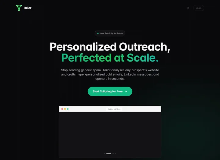 Tailor homepage showing personalized outreach and a website-analysis preview.